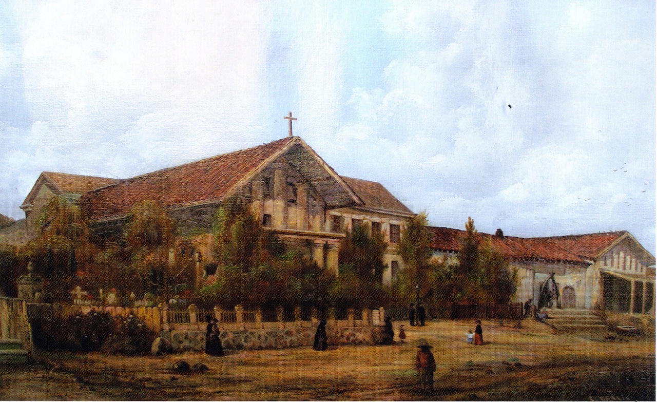 Mission Dolores and the Mansion House, San Francisco, Cal, vintage artwork by Edwin Deakin, 12x8" (A4) Poster
