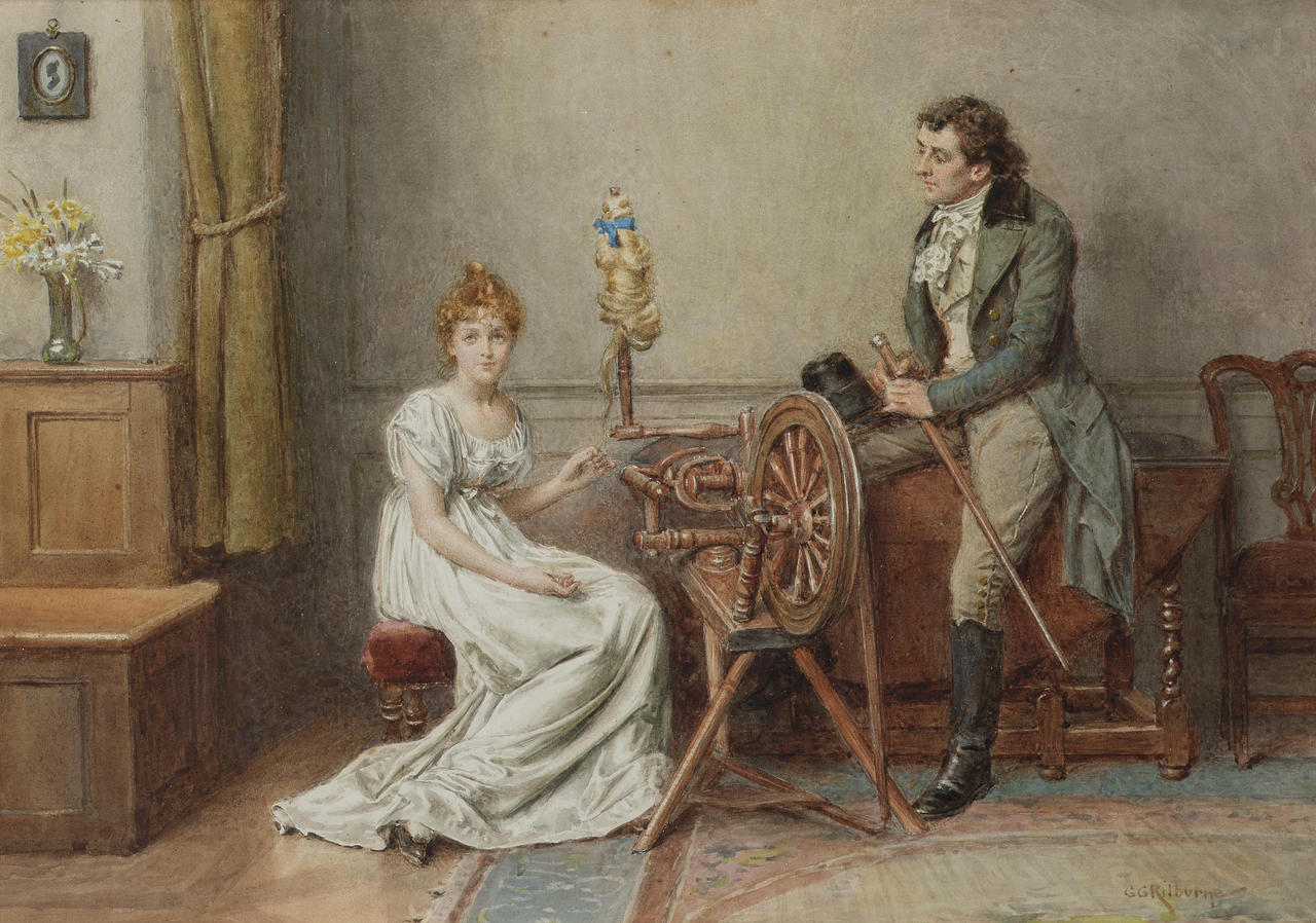 An Encounter at the Spinning Wheel, vintage artwork by George Goodwin Kilburne, 12x8" (A4) Poster