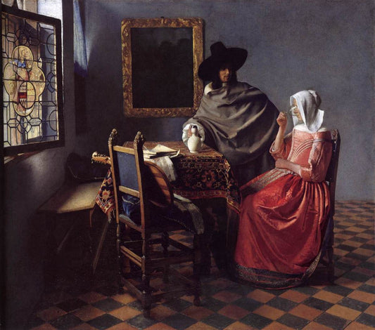 A Lady Drinking and a Gentleman, vintage artwork by Johannes Vermeer, 12x8" (A4) Poster
