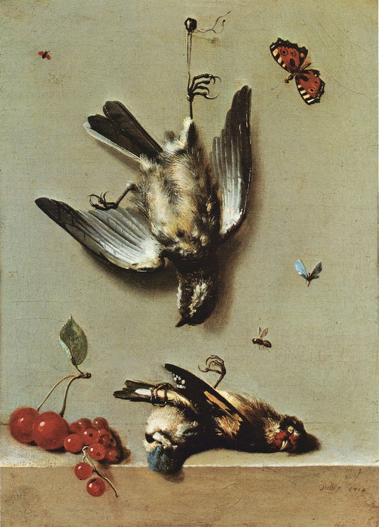 Still life with dead birds and cherries, vintage artwork by Jean-Baptiste Oudry, 12x8" (A4) Poster
