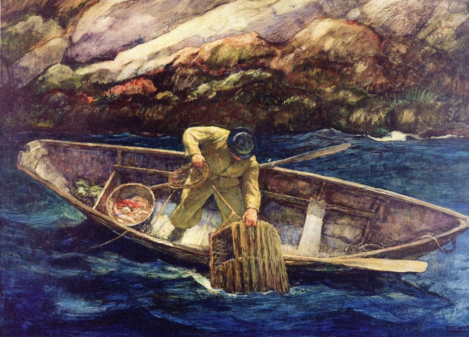 Deep Cove Lobster Man, vintage artwork by Newell Convers (N.C.) Wyeth, 12x8" (A4) Poster