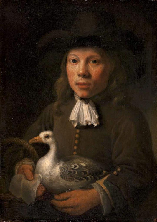 Boy Holding a Goose and a Basket, vintage artwork by Aelbert Cuyp, 12x8" (A4) Poster