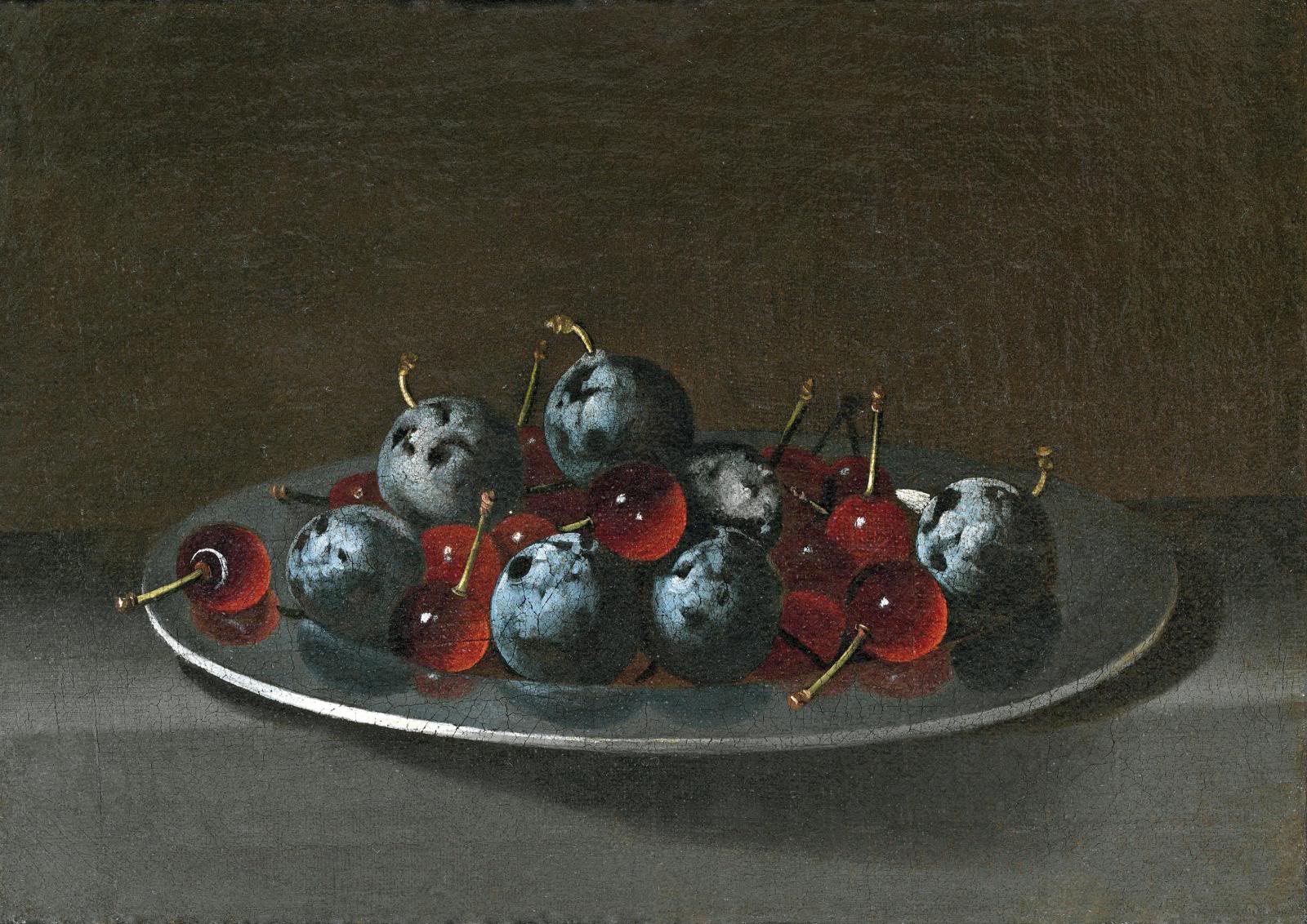 Silver Plate with Cherries and Plums, vintage artwork by Juan van der Hamen, 12x8" (A4) Poster