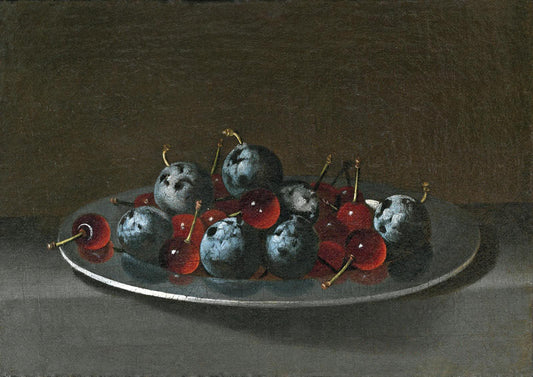 Silver Plate with Cherries and Plums, vintage artwork by Juan van der Hamen, 12x8" (A4) Poster