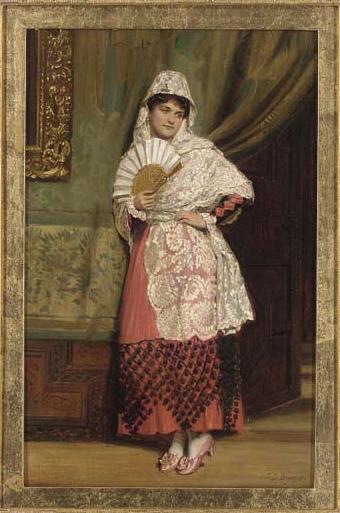 A Spanish Lady with a Fan in an Interior, vintage artwork by John Bagnold Burgess, 12x8" (A4) Poster