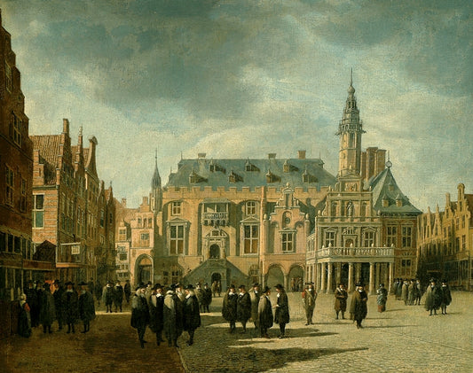 Market Square and Town Hall, Haalem, vintage artwork by Gerrit Adriaensz.Berckheyde, 12x8" (A4) Poster