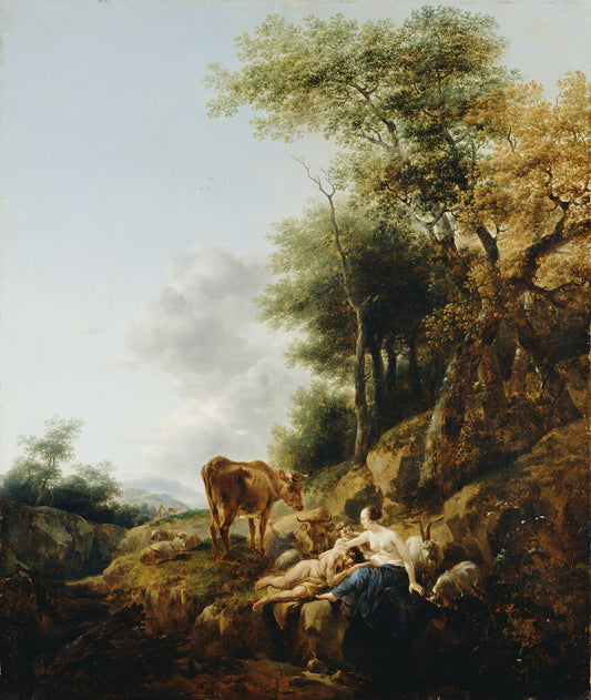 Landscape with a Nymph and Satyr, vintage artwork by Nicolaes Berchem, 12x8" (A4) Poster