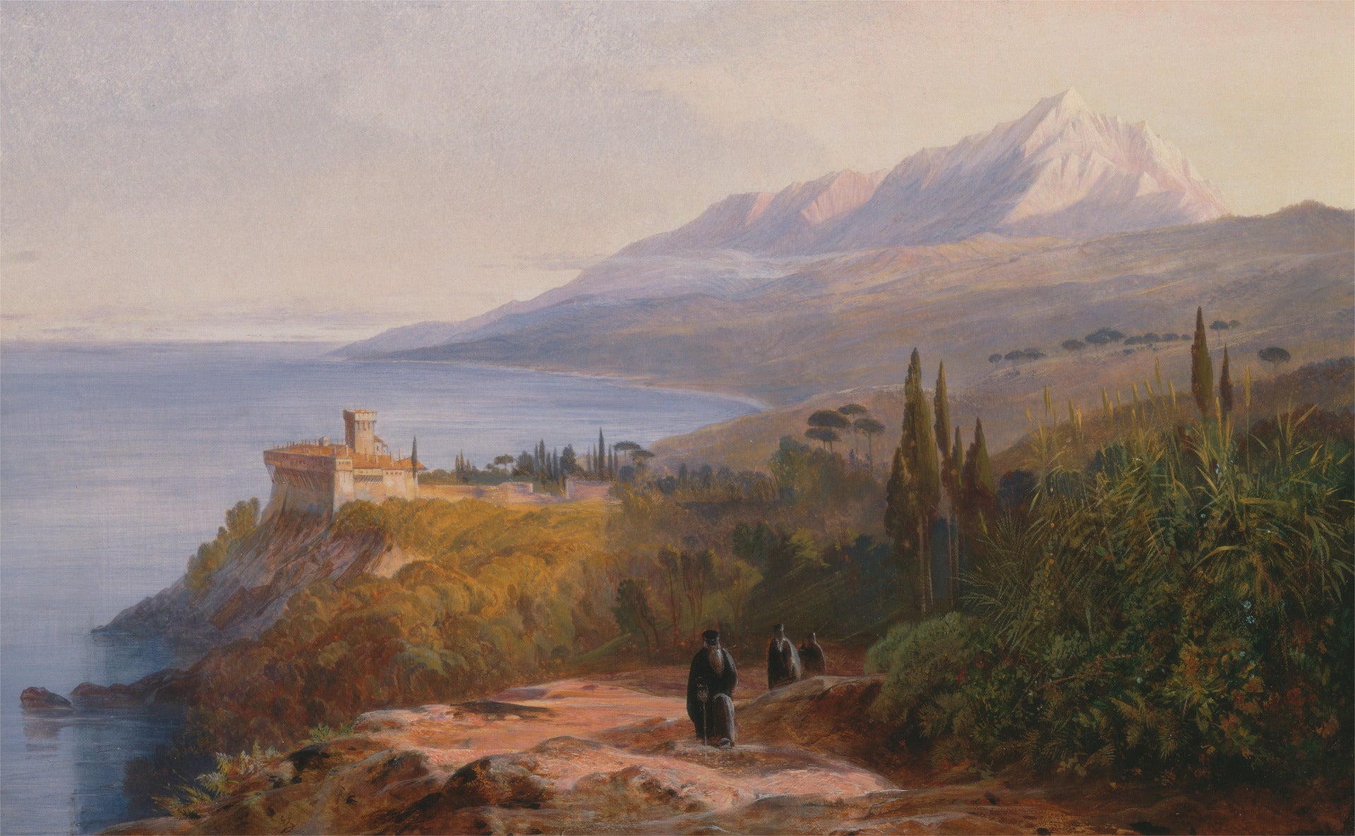 Mount Athos and the Monastery of Stavroniketes, vintage artwork by Edward Lear, A3 (16x12") Poster Print