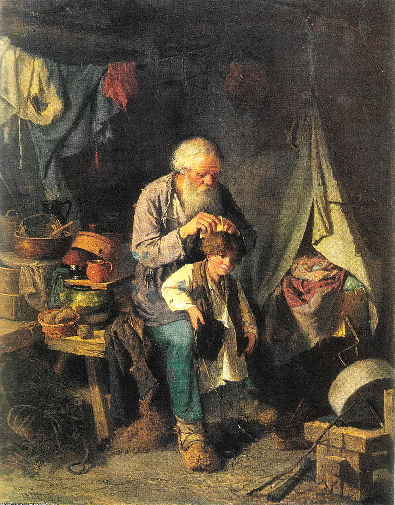 Grandfather and Grandson, vintage artwork by Vasily Grigoryevich Perov, 12x8" (A4) Poster