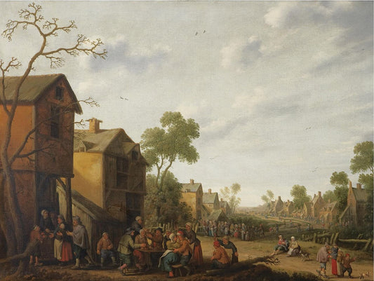 A Village Scene with Peasants Eating and Drinking outside an Inn, Beggars to the left, vintage artwork by Joost Cornelisz. Droochsloot, 12x8" (A4) Poster
