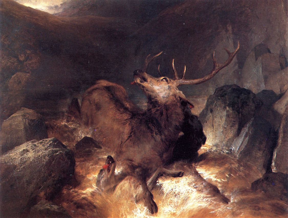Deer and Deer Hounds in a Mountain Torrent, vintage artwork by Sir Edwin Landseer, A3 (16x12") Poster Print