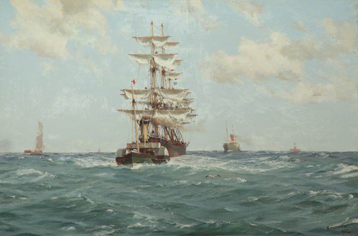 Paddle Tug Towing a Full-Rigged Ship, vintage artwork by Thomas Jacques Somerscales, 12x8" (A4) Poster