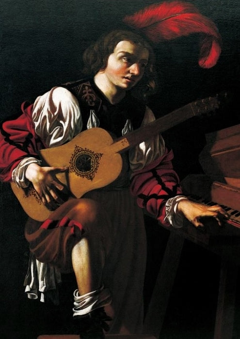 Suonatore che accorda la chitarra, vintage artwork by Cecco del Caravaggio, 12x8" (A4) Poster