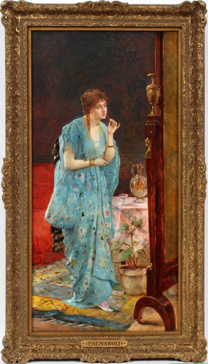 Young Woman before a Mirror, vintage artwork by Vicente Palmaroli y Gonzalez, 12x8" (A4) Poster