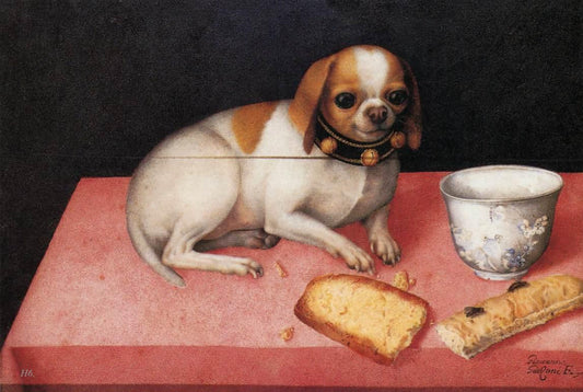 Still Life with Small Dog, vintage artwork by Giovanna Garzoni, 12x8" (A4) Poster