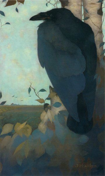 Raven on a Birch Tree, vintage artwork by Jan Mankes, 12x8" (A4) Poster