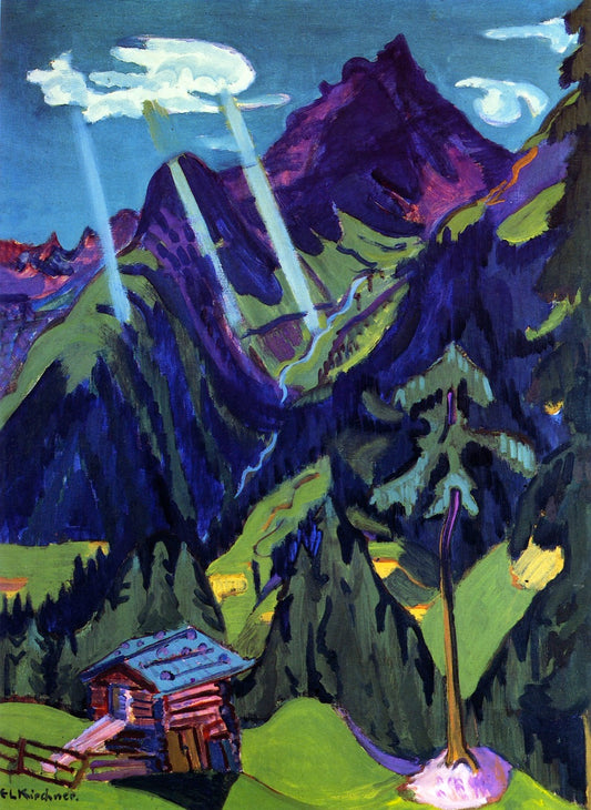 Bünder Landschaft mit Sonnenstrahlen, vintage artwork by Ernst Ludwig Kirchner, 12x8" (A4) Poster