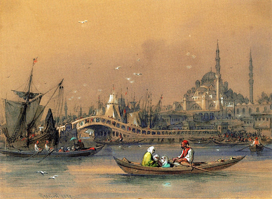 The Galata Bridge with the Yeni Came, Constantinople, vintage artwork by Count Amadeo Preziosi, A3 (16x12") Poster Print