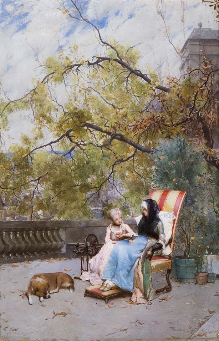At the castle terrace, vintage artwork by Emile-Auguste Pinchart, 12x8" (A4) Poster