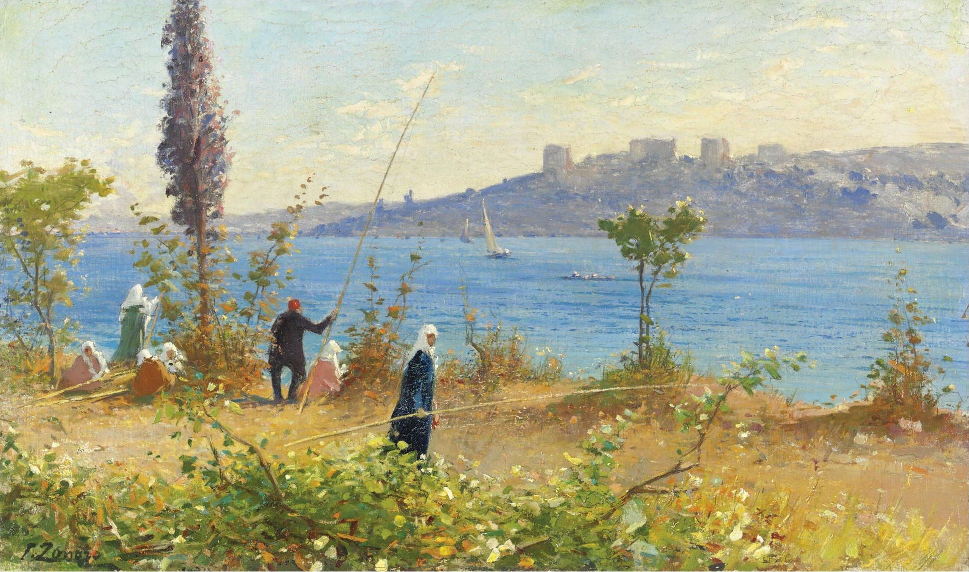 Harem Girls Fishing by  the Bosphorus, vintage artwork by Fausto Zonaro, 12x8" (A4) Poster