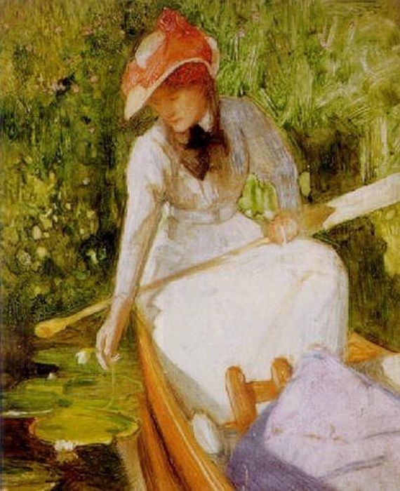 A Quiet Cove, Girl Canoeing, vintage artwork by Arthur Hacker, 12x8" (A4) Poster