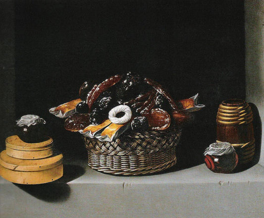 Basket, Boxes and Glasses, vintage artwork by Juan van der Hamen, 12x8" (A4) Poster