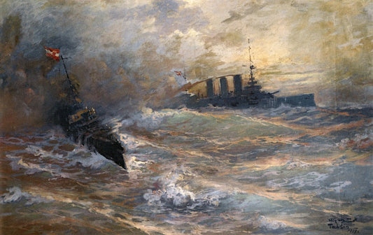 Battleships on High Seas, vintage artwork by Diyarbakirli Tahsin, 12x8" (A4) Poster