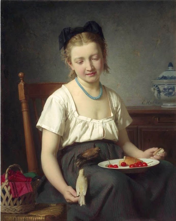 Treats for the Birds, vintage artwork by Emile Auguste Hublin, 12x8" (A4) Poster