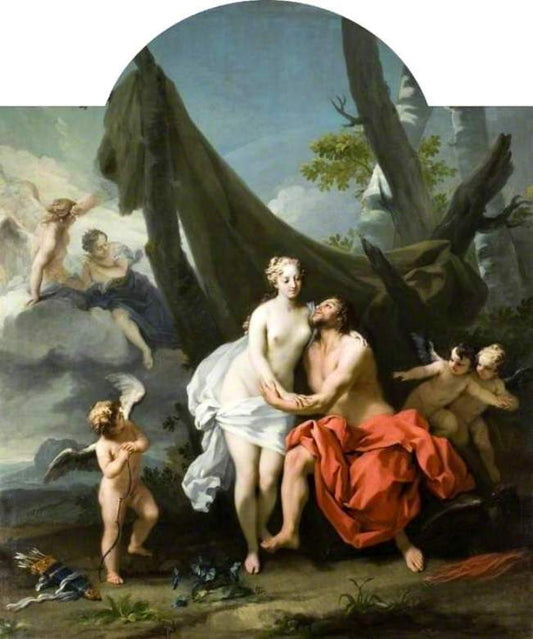 Story of Argus 01, Jupiter and Io with Cupid and Attendant Putti, vintage artwork by Jacopo Amigoni, 12x8" (A4) Poster