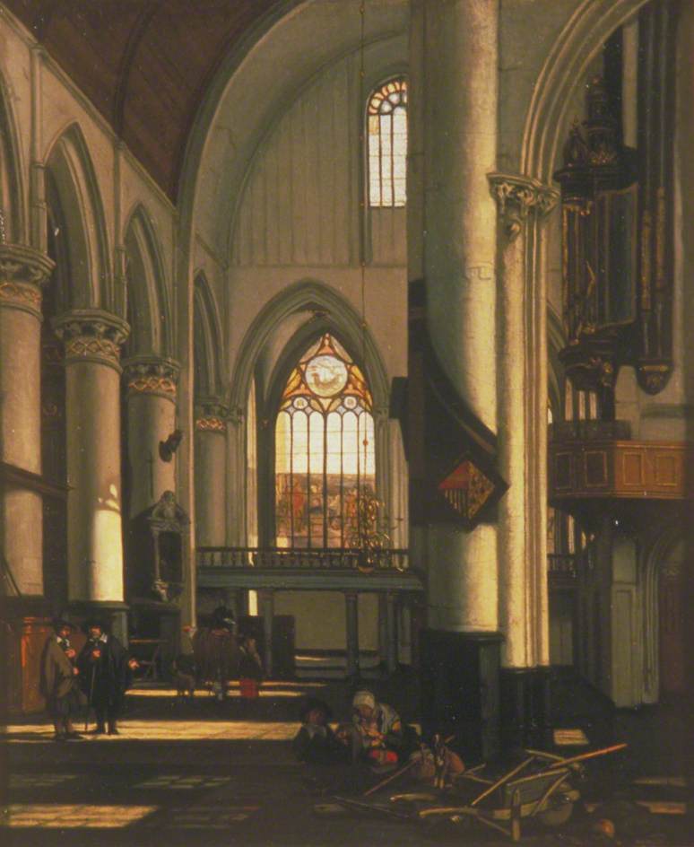 Interior of an Imaginary Protestant Gothic Church, vintage artwork by Emanuel de Witte, 12x8" (A4) Poster