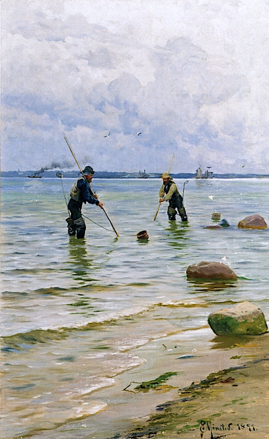 The Shell Fishermen, vintage artwork by Peder Mork Mønsted, 12x8" (A4) Poster