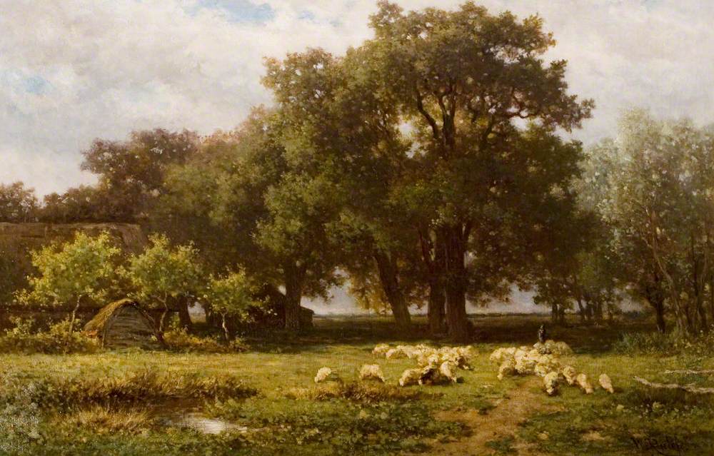 Landscape with Sheep and a Barn, vintage artwork by Willem Roelofs, 12x8" (A4) Poster