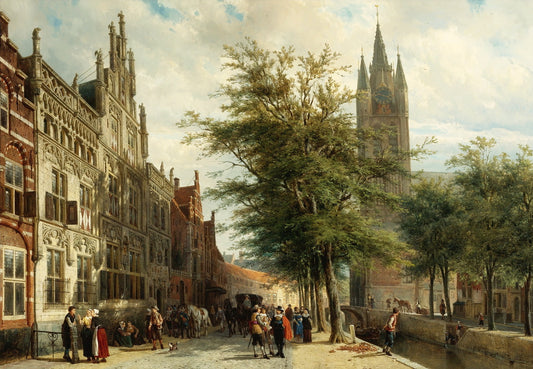 The Gemeenlandshuis and the Old Church, Delft, in Summer, vintage artwork by Cornelis Springer, A3 (16x12") Poster Print