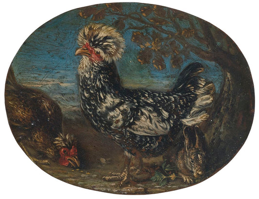 Roosters and a rabbit in a landscape, vintage artwork by David de Coninck, 12x8" (A4) Poster