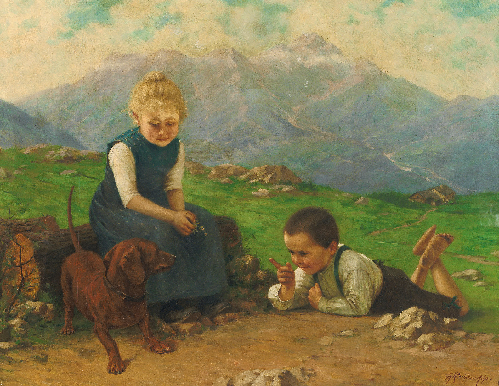 Two children on a mountain, educating a dachshund, vintage artwork by Theodore Kleehaas, 12x8" (A4) Poster