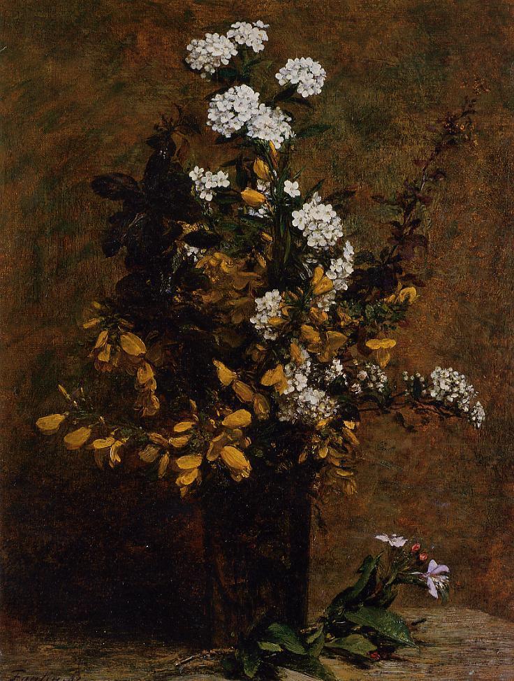 Broom and Other Spring Flowers in a Vase, vintage artwork by Henri Fantin-Latour, 12x8" (A4) Poster