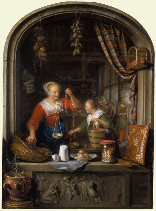 The Grocer's Shop: A Woman Selling Grapes, vintage artwork by Gerrit Dou, 12x8" (A4) Poster