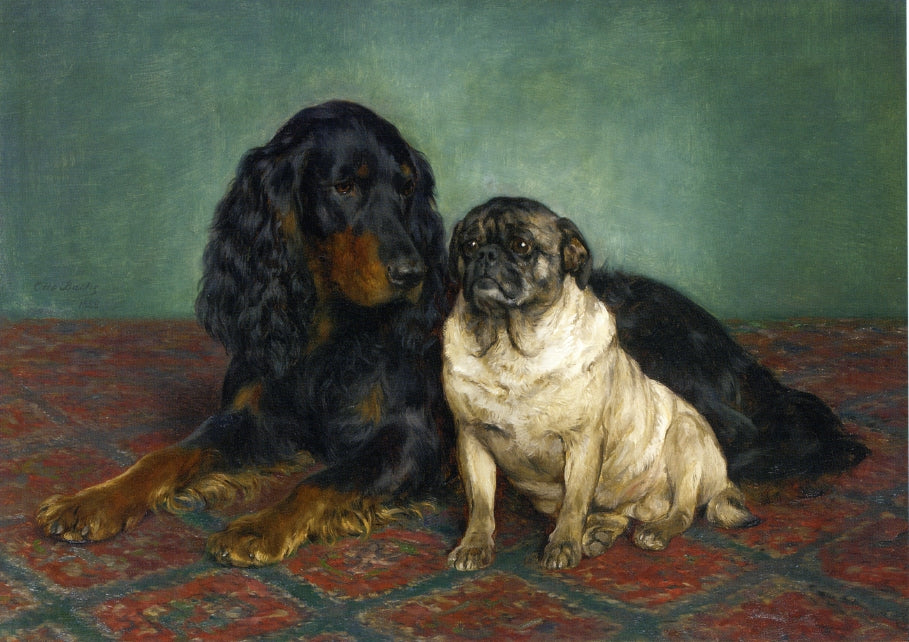 A Gordon Setter and a Pug, vintage artwork by Otto Bache, 12x8" (A4) Poster
