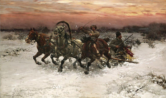 Troika Pursued by  Wolves, vintage artwork by Alfred von Wierusz-Kowalski, 12x8" (A4) Poster