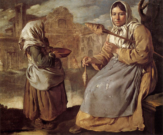 Little Beggar Girl and Woman Spinning, vintage artwork by Giacomo Ceruti, 12x8" (A4) Poster