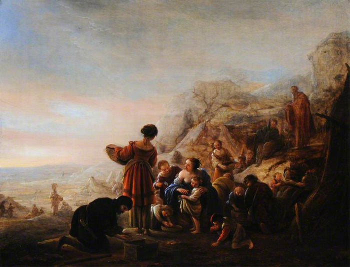 The Israelites Gathering Manna in the Wilderness, vintage artwork by Jacob Willemsz. de Wet, 12x8