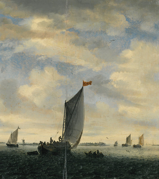 An Estuary Scene with Smallships on a Broad Reach before a Gentle Breeze, vintage artwork by Salomon van Ruysdael, 12x8" (A4) Poster