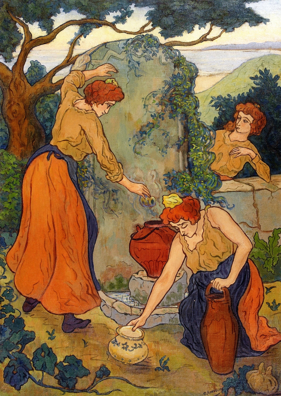 Three Women and Their Pots at the Fountain, vintage artwork by Paul Ranson, 12x8" (A4) Poster