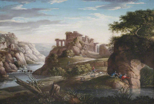 Italian Capriccio with Classical Ruins, vintage artwork by Hendrik Frans van Lint, 12x8" (A4) Poster
