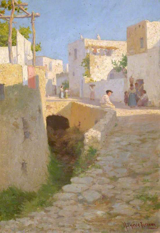 Piccola Piazza, Anacapri, vintage artwork by Herbert Cyrus Farnum, 12x8" (A4) Poster