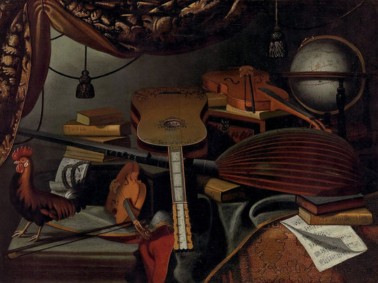 Musical instruments, books, music scores, a globe and a rooster on a table draped with a carpet, vintage artwork by Bartolomeo Bettera, 12x8" (A4) Poster