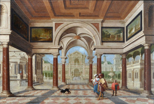 Figures under a Palace Loggia, vintage artwork by Dirck van Delen, 12x8" (A4) Poster