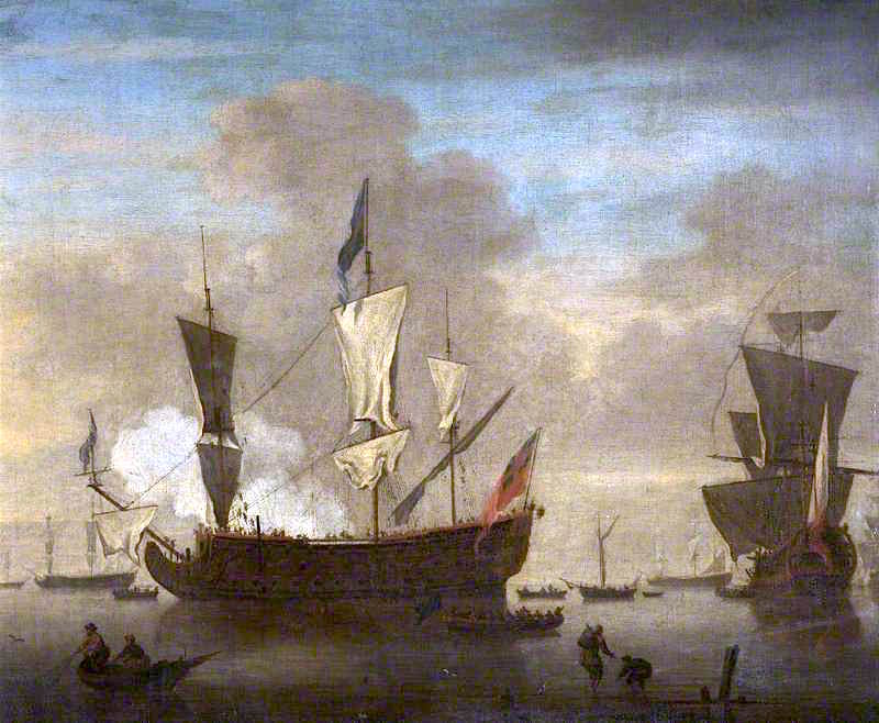 British Warships at Anchor, vintage artwork by Attributed to Charles Brooking, 12x8" (A4) Poster