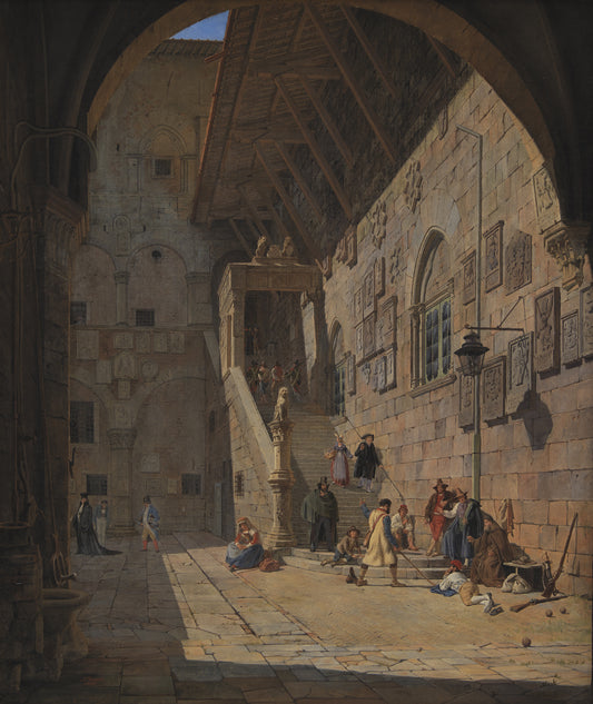 The Courtyard of the Palazzo del Bargello. Florence, vintage artwork by Jorgen Roed, A3 (16x12") Poster Print