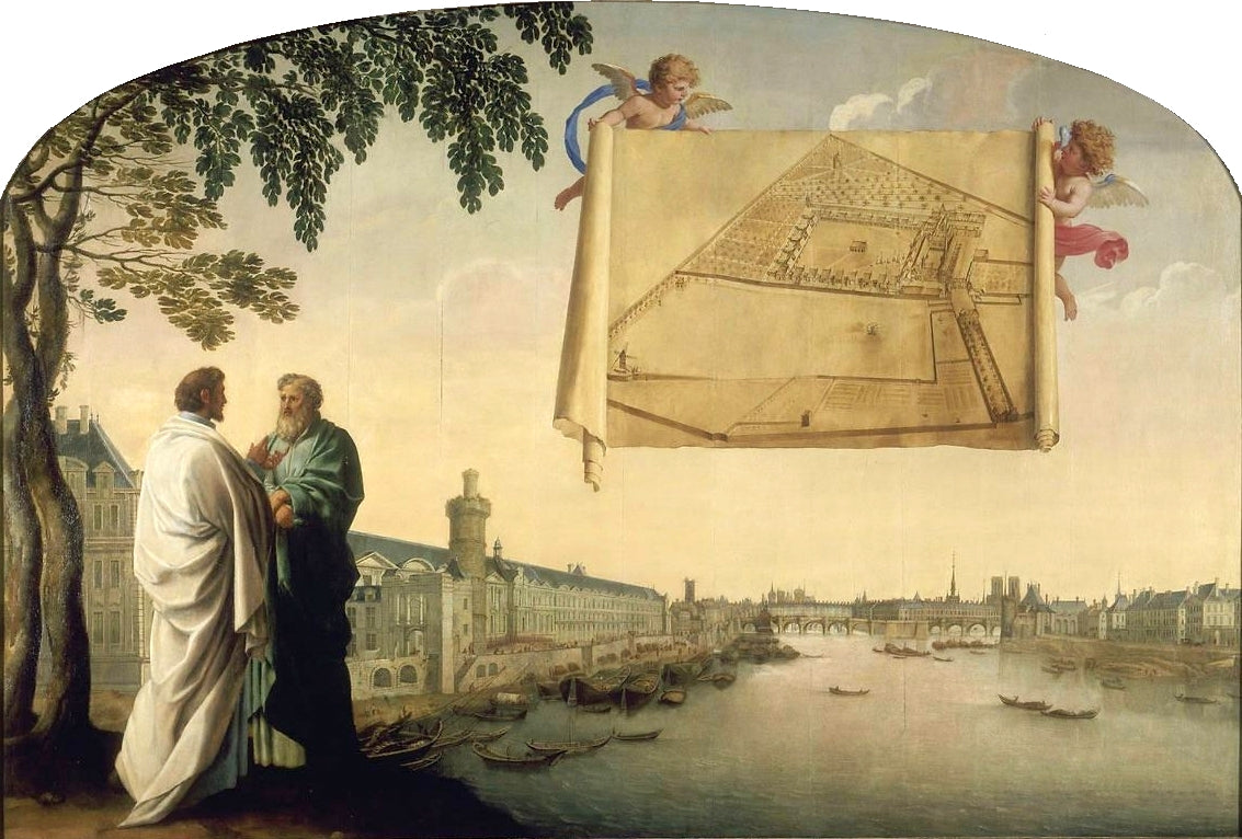 Plan of the Chartrehouse of Paris Carried by  Two Angels, vintage artwork by Eustache Le Sueur, 12x8" (A4) Poster